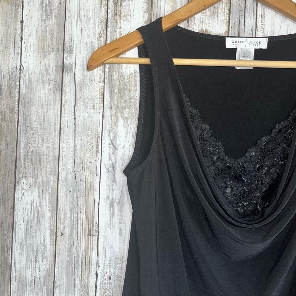 White House Black Market black cowl neck sleeveless top with a lace underlay - Picture 3 of 4